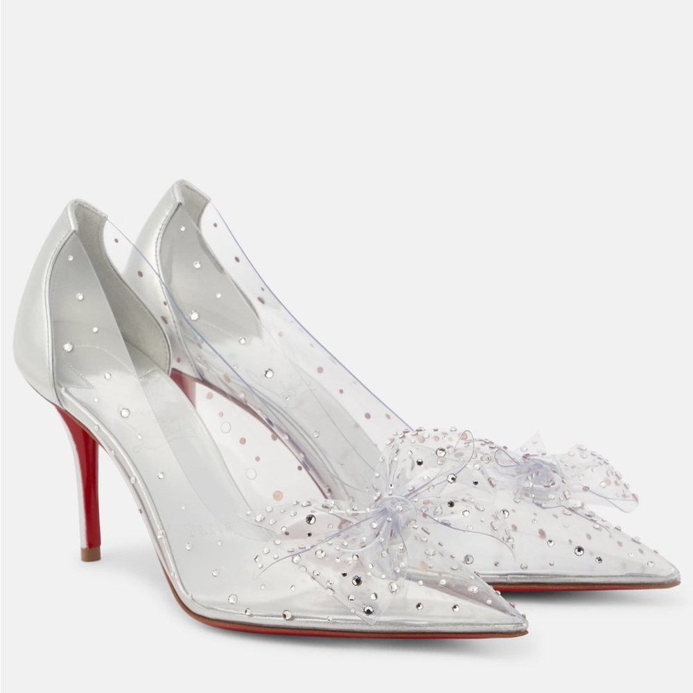 $1800 Christian Louboutin Jelly Strass 80 Clear Heels with Bow, Red bottoms 39.5